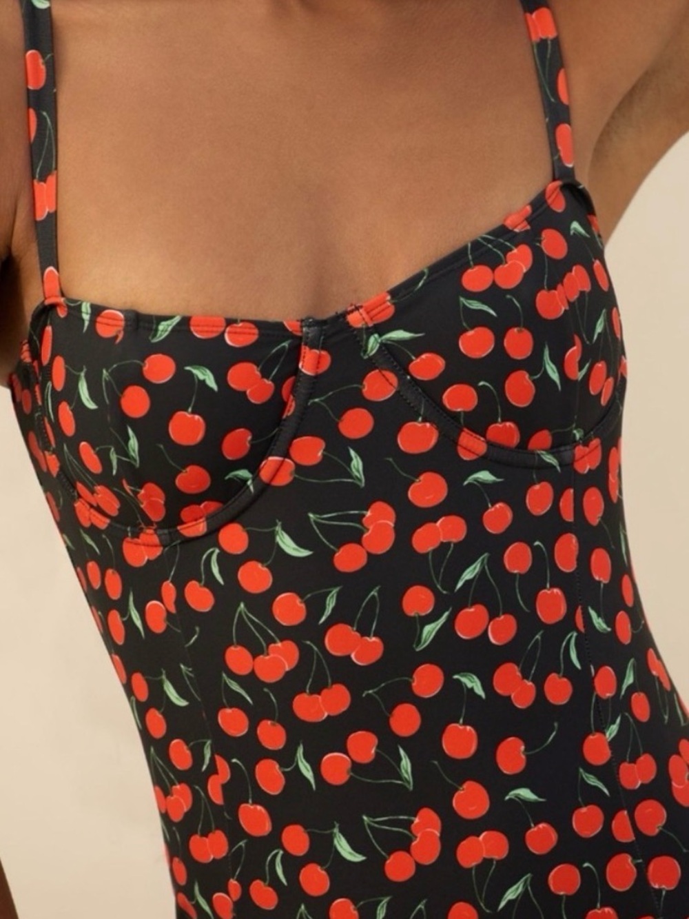 Good America Cherry Print One-Piece Swimsuit - Black with Red Cherries - Picture 3 of 10